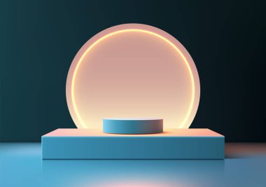 Parlayan neon ışık çemberine sahip modern 3d mavi podyum, karanlık bir arkaplan, sergilenen teknoloji kavramları, ürün gösterimleri ve parlak, profesyonel bir ortamda fütürist modeller