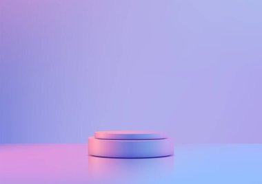 Minimalist 3D iki katmanlı dairesel podyum yumuşak pastel mor ve pembe tonlarda, gradyan arka planda. Modern ürün gösterimleri, modeller ve sergi sunumları için mükemmel.