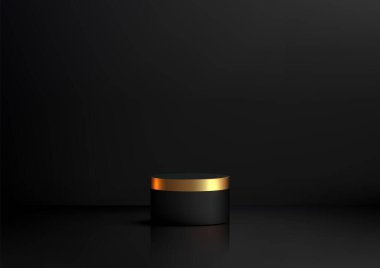 İnce altın bantlı minimalist siyah silindirik kaide yansıtıcı bir yüzey üzerinde dinleniyor, koyu siyah bir arka plana karşı lüks bir ürün sergiliyor, modern ve zarif kavramlar için mükemmel.