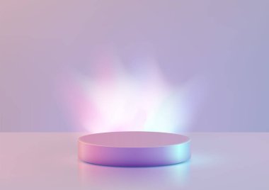 Bulanık bir mor arkaplan ve duman dokusuna, ürün gösterim modellerine ve ruhani sunumlara karşı yumuşak parlak efektli, pastel mor renkli 3d silindirik kaide.