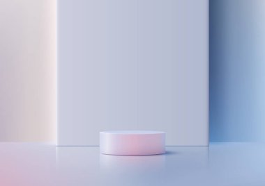 Yansıtıcı bir yüzey üzerinde minimalist 3d pembe silindirik podyum, pastel mavi ve pembe paneller çerçeveli, modern ürün gösterimleri, modeller, ve temiz, zarif bir tarzda yaratıcı sunumlar