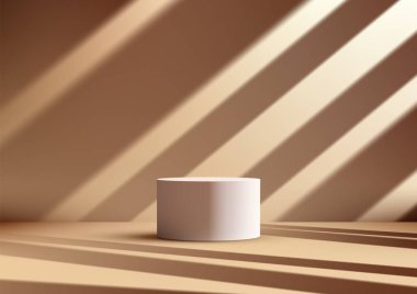 Çağdaş gölgeler ve sıcak desenli arkaplan, markalaşma ve profesyonel sunumlar içeren bronz bir yüzey üzerinde modern 3d beyaz silindirik podyum, ürün modelleri ve vitrinleri