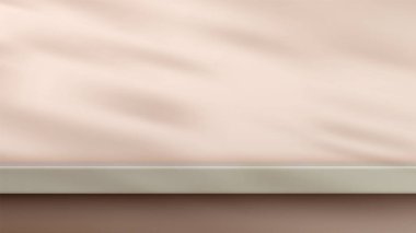 Hafif bulanık yaprak gölgeli soluk pembe bir duvara karşı açık gri bir raf. Sakin ve minimalist bir estetik yaratıyor. Ürün modellemeleri ve modern iç tasarım kavramları için mükemmel.