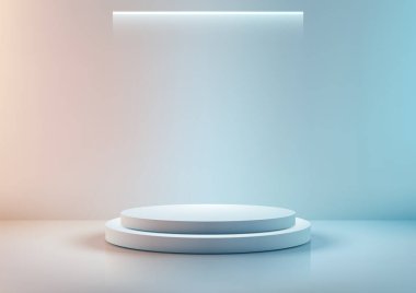 modern 3d beyaz podyum, iki katlı, neon ışıkla aydınlatılmış, şeftaliden maviye değişen bir arkaplan, teknoloji kavramları, ürün gösterimleri, ve sergi odası modelleri.