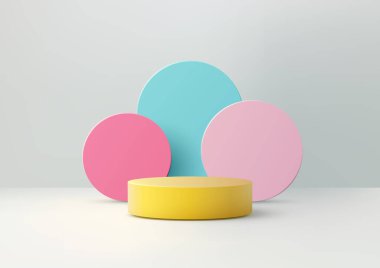Minimalist 3d sarı silindirik podyum üst üste binen pastel pembe ve mavi dairesel zemin, açık gri arka plan, ürün gösterimi, modelleme ve modern sergi odası kavramlarına karşı kuruludur.