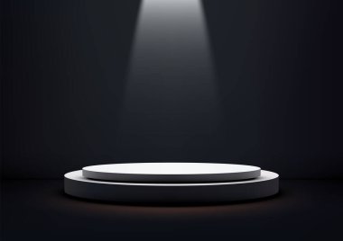 Karanlık bir arka plan, ödül törenleri, ürün gösterileri veya yaratıcı modeller karşısında sahne ışığı altında minimalist 3D beyaz dairesel podyum. Modern tasarımlarda zarafet ve odak gösterimi