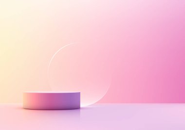canlı pembe ve sarı gradyan arkaplan üzerinde modern 3d mor silindir podyum, şeffaf bir daire, ürün gösterimi, modelleme ve minimal tarzda yaratıcı sunumlar içerir.