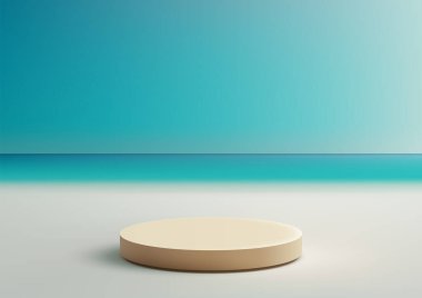 Minimalist 3d bej dairesel platform kumlu bir plajda, eğimli mavi gökyüzü ve okyanus ufkuna, ürün ekran modellerine, doğa yaz konseptlerine ve modern vitrinlere karşı duruyor.