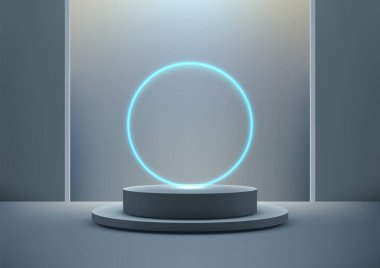 Modern 3d aydınlatma podyumu, parlayan mavi neon daire ışığı, teknoloji gösterileri, ürün gösterimleri veya kurumsal etkinlik modellemeleri için mükemmel. Spot ışığı olan gri bir platformda parlak fütüristik tasarım