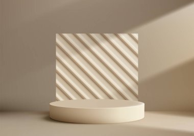 Minimalist bej 3d yuvarlak podyum. Yumuşak gölgeli köşeli bir zemin üzerinde. Ürün modellemeleri, markalaşma ve temiz modern estetik reklamlar için mükemmel.