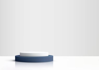 Minimalist 3D, koyu mavi tabanlı ve beyaz kapaklı iki katlı podyum, ürün ekran modelleri. Temiz, zarif ve modern beyaz yansıtıcı bir yüzey, damgalama veya reklam görsellerine karşı