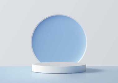 3d beyaz silindirik kaidesi açık mavi bir yüzey üzerinde bulunur, temiz modern tarzda ürün gösterimi, reklamcılık veya vitrin sunumları için yumuşak bir çember tarafından çerçevelenmiştir.