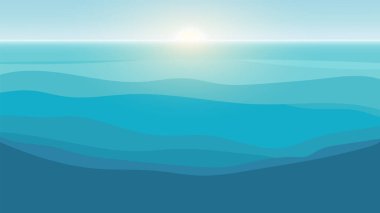 Gün doğumunda ya da gün batımında sakin okyanus dalgalarının gösterimi, katmanlı mavi eğimler ve parlak bir ufuk içerir. refah, seyahat, ya da meditasyon temaları, huzurlu ve huzurlu titreşimler sunuyor