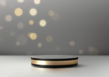 Parlak beyaz bir yüzey üzerinde siyah üst ve altın renkli orta bandı olan 3D dairesel podyum, lüks ürün modellemeleri, modern vitrinler veya minimalist tarzda üst düzey sunum kavramları için mükemmeldir.