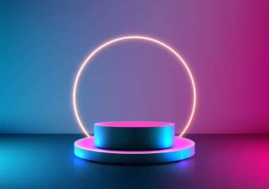 Ürün gösterisi için parlak mavi ve pembe neon ışıkları, parlak halka ve parlak silindirik silindirik üstü, teknoloji modeli veya sergi ortamında modern sergi vitrinine sahip fütürist 3D podyum