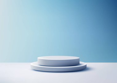 Minimalist 3d beyaz, yumuşak gradyan mavi zeminde iki katmanlı silindirik podyum modeli. Ürün gösterimi, markalaşması veya sergi kavramları için mükemmel.