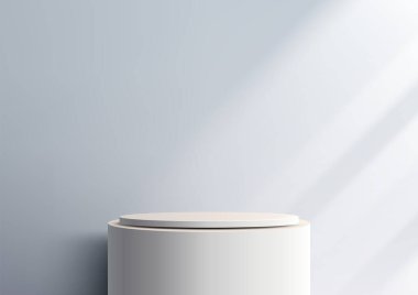 Yumuşak mavi arka planda minimalist beyaz 3d podyum modeli, ürün sergisi ya da sergi için ideal temiz modern ayar reklam, sunum ve kurumsal markalaşma için mükemmel
