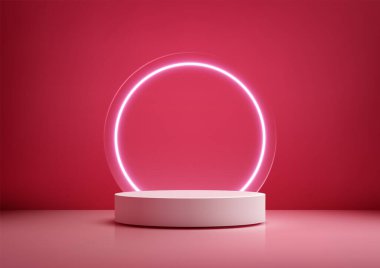 Parlak pembe neon dairesi olan modern 3D podyum. Katı kırmızı zemin üzerinde. Ürün modellemeleri, sergi salonu gösterimleri ya da parlak minimalist tarzdaki fütüristik sunumlar için mükemmel.