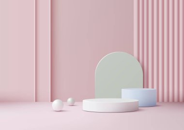 Pastel pembe 3D sahne beyaz silindirik podyum, açık mavi silindir, ve dikey çizgili yumuşak pembe yüzey üzerinde iki küre ve sessiz yeşil kemer, minimalist ürün ekran