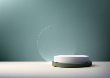 Minimalist 3d ürün, modern sunum ve markalaşma kavramları için dairesel şeffaflığa sahip, koyu zeytin yeşili bir zeminde beyaz silindirik bir platform sunar.