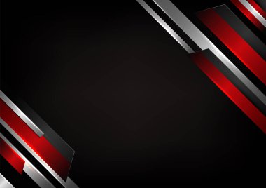 Karanlık bir zemin üzerinde kırmızı, gri ve gümüş açılı metalik katmanları olan modern teknoloji soyut geometrik tasarım, dinamik sibernetik his teknolojisi, yenilik ve gelecekçi kavramlar