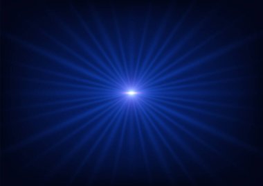 Parlak merkezi mavi ışık kaynağı, karanlık bir arkaplana, yıldız patlamasına ya da merceğe çarpan parlak ışınlar yayar. Teknoloji, bilim ve canlı enerjili fütürist dijital kavramlar