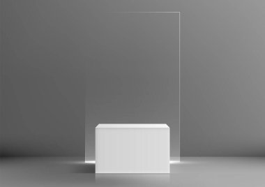 Beyaz dikdörtgen kaidesi, temiz cam bir zemin, minimalist ürün modellemeleri, reklamları veya temiz bir stüdyo ortamında modern sergi vitrinleri ile yansıtıcı gri bir yüzey üzerinde duruyor.