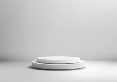 Temiz minimalist 3d yuvarlak podyum ürün gösterimi, reklamcılık veya markalaşma için iki katlı. Sade beyaz arka planda ince gölgeli basit bir tasarım.