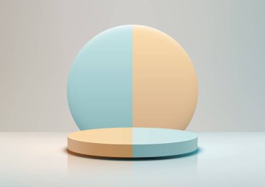 Minimalist 3D sahne. Bölünmüş sarı ve açık mavi dairesel zemin. Eşleşen yuvarlak bir podyum, yansıtıcı yüzeyde hafif aydınlatma gölgeleri, modern ürün gösterisi ve model sunumları.