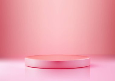 Yansıtıcı bir yüzeyde parlak 3d yuvarlak bir kaideye sahip minimalist pembe ürün görüntüsü, güzellik kozmetik ürünleri veya zarif bir modelleme ya da sergi salonu ortamında zarif moda ürünleri için ideal