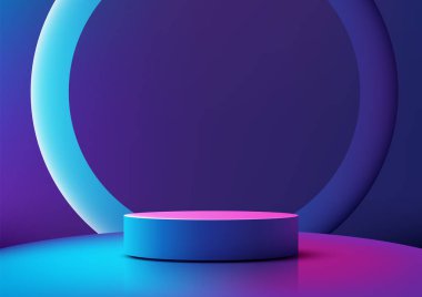 Fütüristik 3d canlı pembe silindirik podyum, koyu mor bir arka plan ve açık mavi halka, teknoloji modellemeleri, ürün gösterimleri ve minimalist vitrinler üzerine kuruludur.