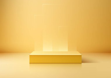 Parlayan şeffaf panelleri, modern ürün modelleri, sunumları veya reklamlarıyla yansıtıcı bir zeminde parlak sarı 3D podyum. Asgari soyut tasarım