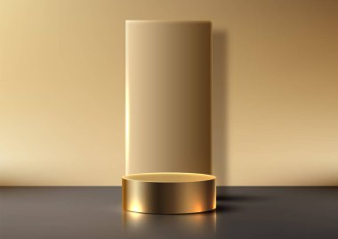 Yansıtıcı karanlık bir yüzeyde altın silindirik podyum, lüks ürün sergileri, ödül törenleri veya kurumsal markalaşma. Zarif metalik parlaklığa ve modern minimalist tasarıma sahip 3D
