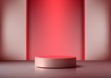 Yansıtıcı bir yüzey üzerinde 3B yumuşak kırmızı silindirik podyumun yer aldığı canlı 3D sahne, zarif bir sergi ortamında derinlik ve kontrastlı modern ürün modellemeleri için mükemmel.