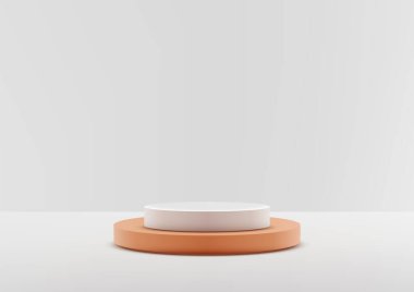 Yuvarlak turuncu tabanlı saf beyaz silindirik bir podyum. Minimalist ürün sergisi ya da sunumlar için mükemmel. Açık gri arkaplanda temiz modern tasarım