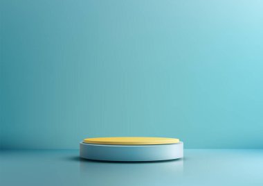 Modern 3D 'de yansıtıcı yüzeyde ince sarı kaplamalı minimalist açık mavi silindirik podyum, ürün görüntüleme, modelleme veya sergi salonu eşleşen arka planda izole edilmiş.