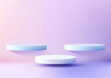 Modern 3D ürün podyum modeli açık mavi ve beyaz, yumuşak pembeden mor gradyan arka plana karşı yüzüyor, gösteriş, vitrin veya markalaşma projeleri için ideal minimalist zarafetle