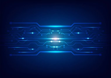 Parlak mavi devre yolları ile dijital soyut karanlık bir arkaplan boyunca akar, gelecekçi bir ağın enerjisini yakalar