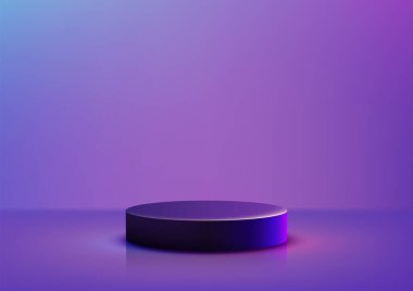 Pembe ve mavi ışıkla parıldayan parlak siyah silindir kaidesi mor arkaplana canlı bir deniz mavisi, fütüristik ürün gösterimi veya markalaştırma görselleri üzerine kuruludur.