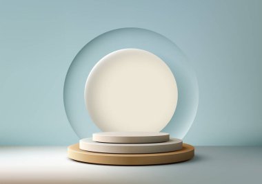 Çemberin şeffaf bir çerçevesi olan altın tabanlı bej dairesel platformlar içeren 3 boyutlu ürün görüntüsü, mavi bir sahnede, markalaşma, modelleme ve ticari sunumlar için ideal.