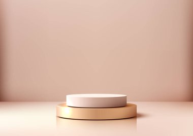 3 boyutlu pembe podyum, parlak altın tabanlı, sıcak kahverengi arka planda, kozmetik ürünleri veya lüks ürünleri en az sergi veya markalaştırma sahnesinde sergilemek için ideal..