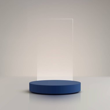 Lacivert 3d podyum, bej yansıtıcı bir yüzey üzerinde açık bir dikey panelin önünde duruyor. Ürün vitrini ve lüks markalaşma kavramları için minimum bir stüdyo ortamında.