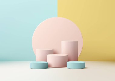 Pembe ve mavi renkli yumuşak pastel podyumlar dairesel bir arkaplan önünde durmakta, ürün gösterimi, markalaşma ve sergi salonu sunumları için mükemmel modern bir sahne yaratmaktadır.