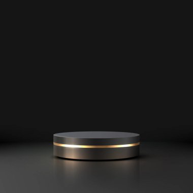 Parlak altın bantlı 3D lüks siyah cuma podyumu, son model ürün sergisi, sergi salonu ve promosyon amaçlı tasarlanmış yansıtıcı karanlık bir yüzeyde sahne ışığı altında duruyor.