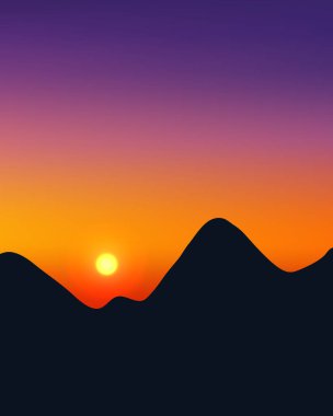 En az gün batımı manzarası, parlak mor ve turuncu bir gökyüzünün altında yuvarlanan dağları gösteriyor. Arka planda canlı, sakin ve atmosferik, sakin doğa görselleri.