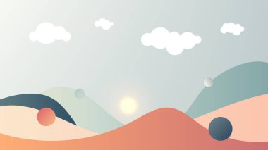 Basit bir pastel manzara çizimi. Yuvarlanan tepeler, güneş ve bulutlar modern ve tuhaf bir tarzda seyahat etmek için ideal. Kırsal alanlar, mevsimlik tasarımlar ve barışçıl açık hava manzaraları.