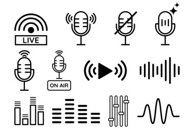 Canlı ses, video kaydı ve medya arayüzü için modern minimal satır biçiminde yayın sembolü illüstrasyonu için Podcast simgesi ayarlandı.