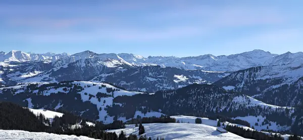 Karla kaplı dağları ve ormanlık vadileri olan Alpler 'in kış manzarası.