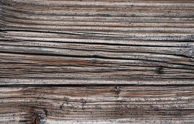 Görünür çatlaklara, düğümlere ve kaba dokuya sahip eski ahşap kalaslara yakın plan, kırsal bir arka plan olarak ideal.