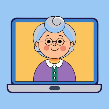 Büyükanne dizüstü bilgisayar karikatür vektör çizimi grafik tasarımı kullanıyor